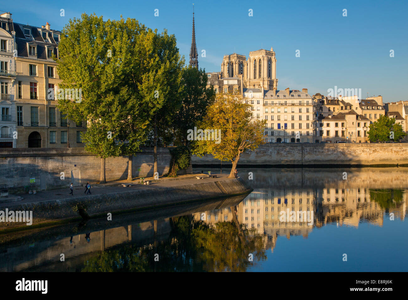 Am frühen Morgen entlang einer sehr ruhig Seine mit der Kathedrale Notre Dame darüber hinaus, Paris, Frankreich Stockfoto