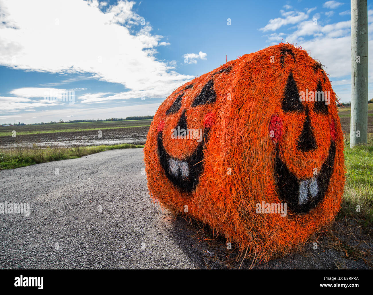 Ein Strohballen gemalt auszusehen wie ein Lächeln auf den Lippen Jack O Lantern. Stockfoto