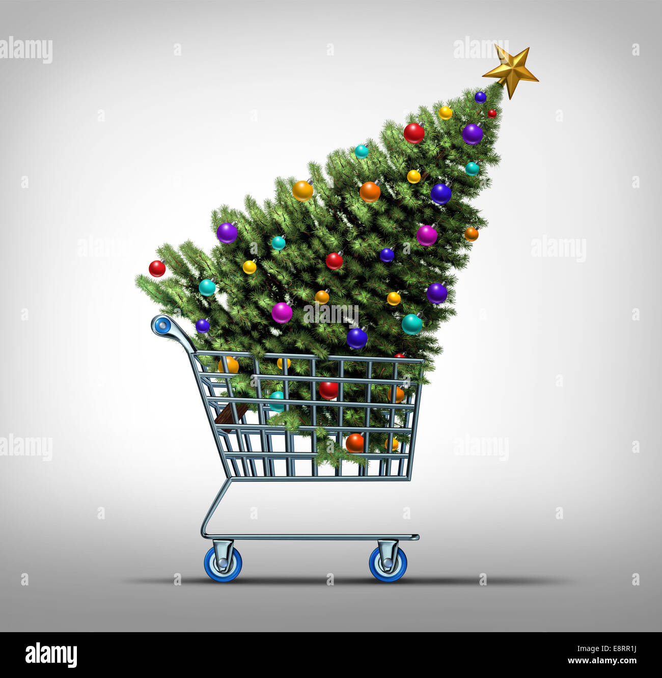 Weihnachts-shopping-Konzept als ein schleppen eine festliche geschmückten Tanne als Symbol für den schwarzen Freitag Verkauf Shop-Warenkorb Stockfoto