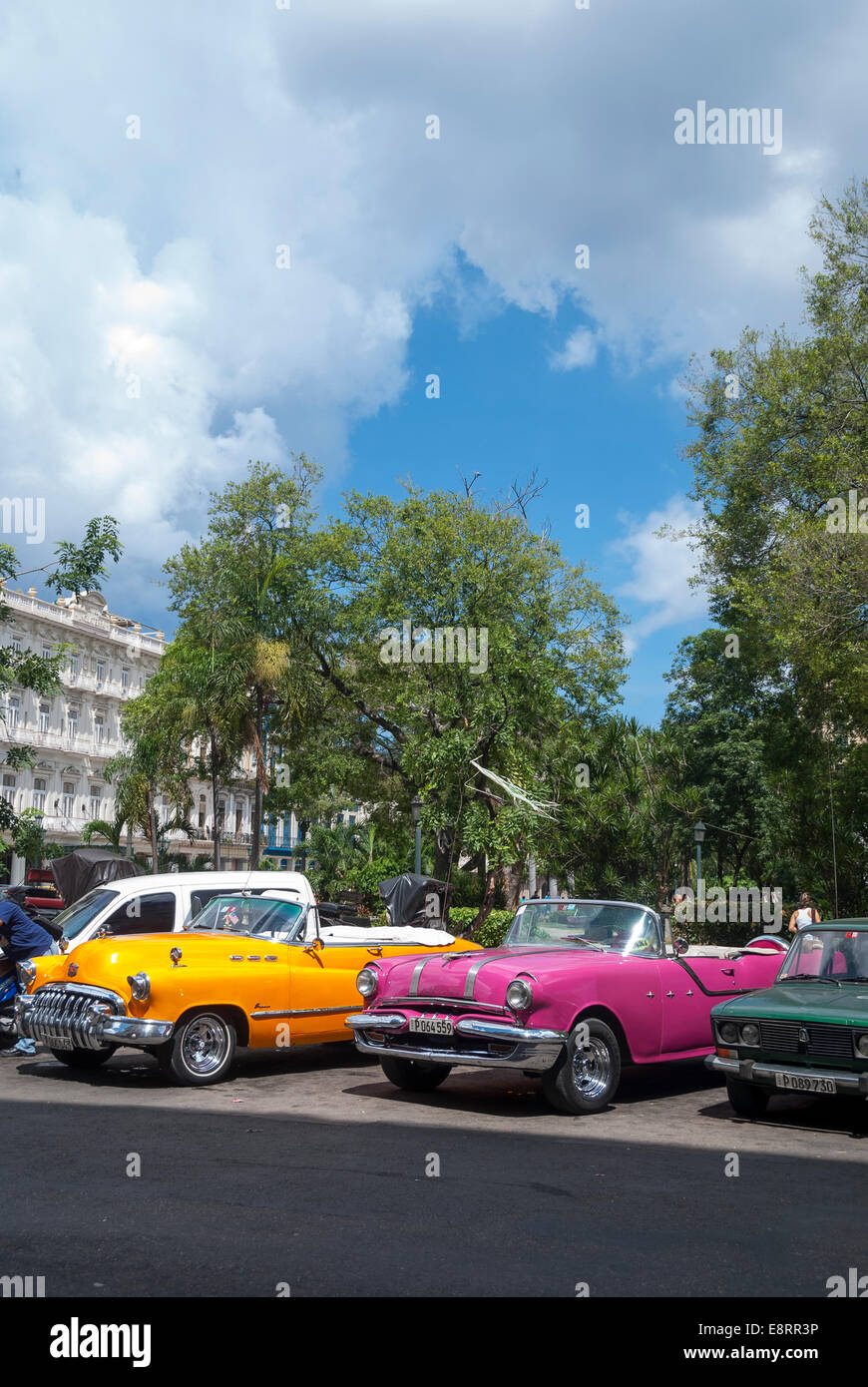 Gelb und rosa Vintage American 1950 Autos aufgereiht zu mieten wie taxis und Fahrzeuge auf dem Prado im Zentrum Havanna Kuba-tour Stockfoto