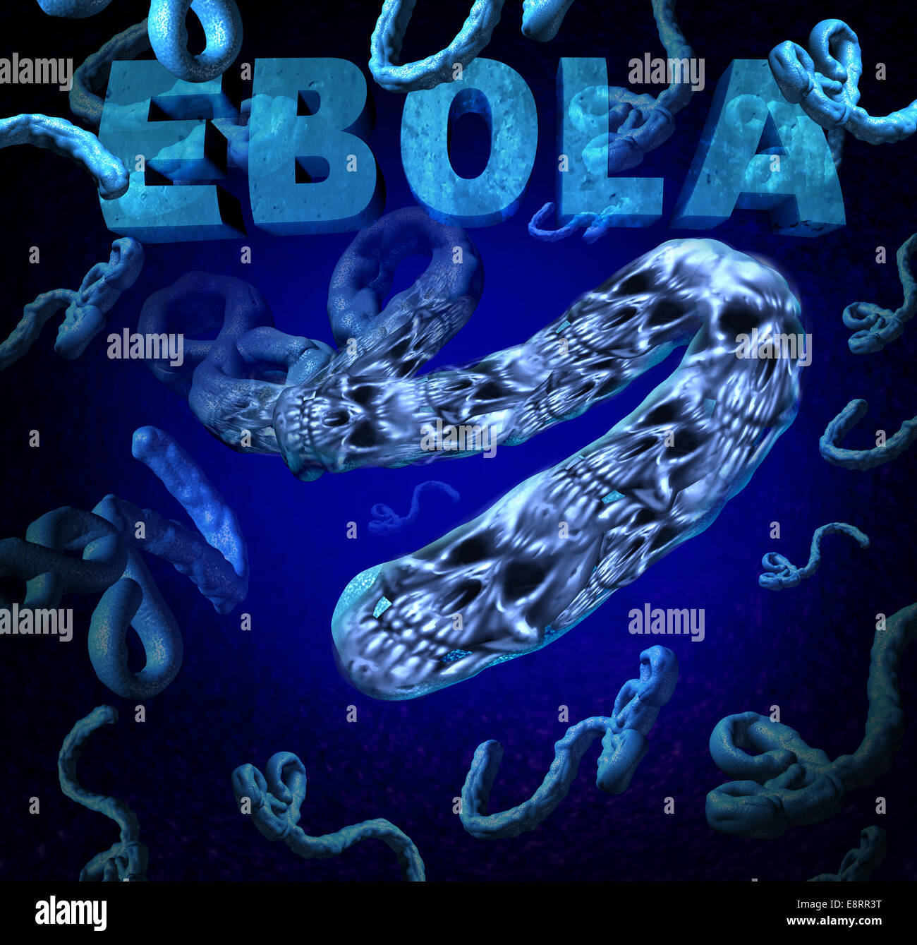 Ebola-Ausbruch Gefahr als ein tödliches Virus Erkrankung medizinisches Konzept mit Tod Schädel Symbole, die gefährlichen Mikroben verursacht Stockfoto