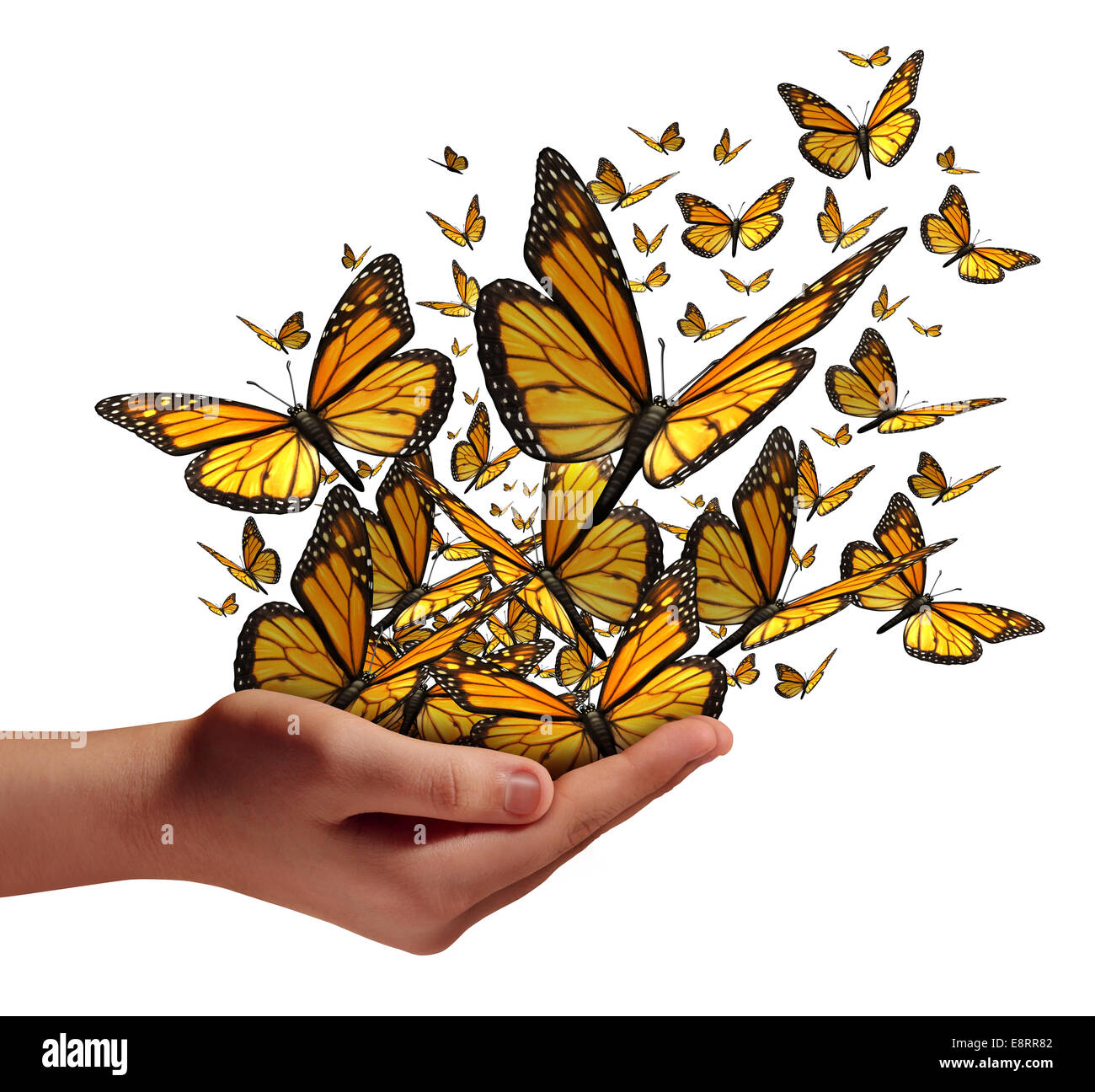 Hoffnung und Freiheit Konzept wie eine menschliche Hand loslassen eine Gruppe von Schmetterlingen als Symbol für die Bildung Kommunikation und Verbreitung Stockfoto