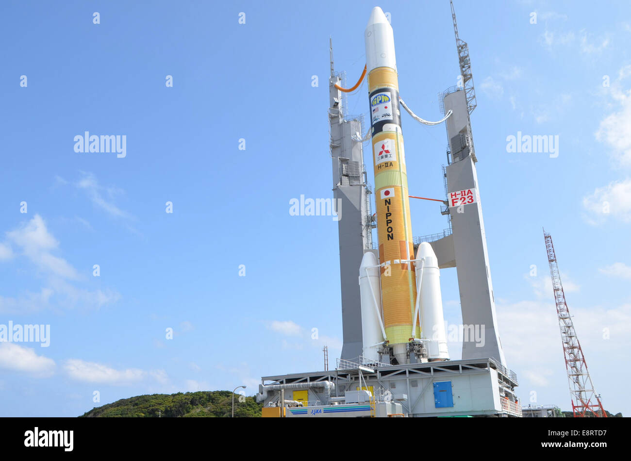 Die Mitsubishi H-IIA-Rakete, eine Zusammenarbeit zwischen der Japan Aerospace Exploration Agency (JAXA) und der NASA, startet die Global Precipitation Measurement (GPM) Mission, um die globalen Niederschläge und Niederschläge zu überwachen. Ziel der Mission ist es, die Wettervorhersage und die Klimaforschung zu verbessern. Stockfoto