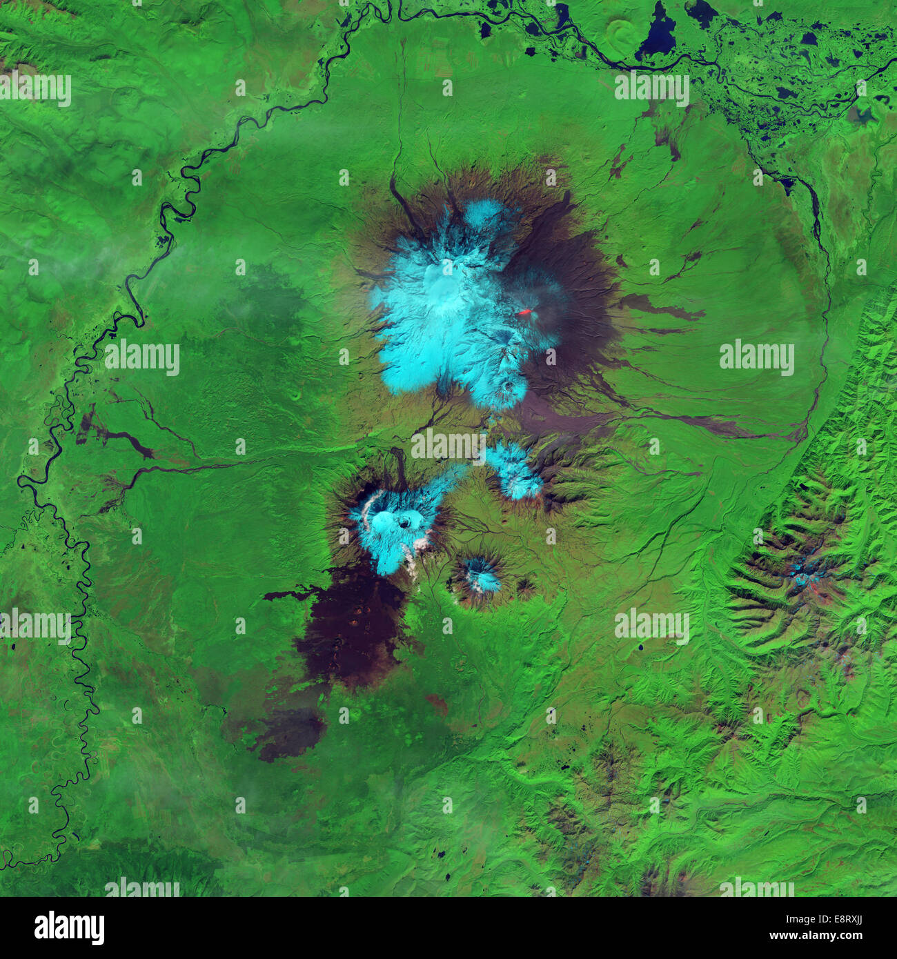 Dieses Falschfarben (Kurzwellen Infrarot, in der Nähe von Infrarot, grün) Satelliten-Bild zeigt eine aktive Lava flow auf das, was wir Stockfoto