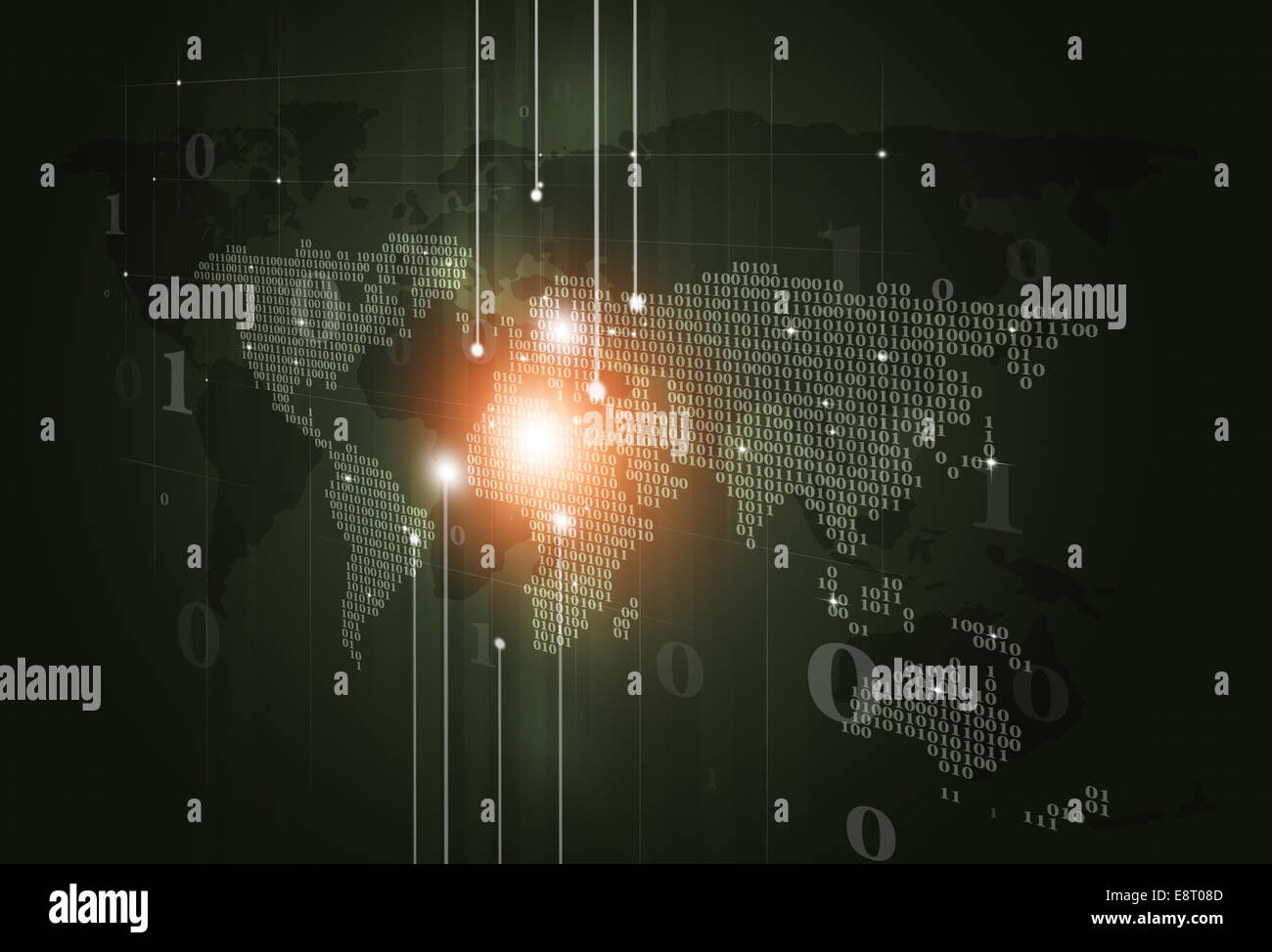 abstrakte Technologie Binärcode Weltkarte auf dunklem Hintergrund digital Stockfoto