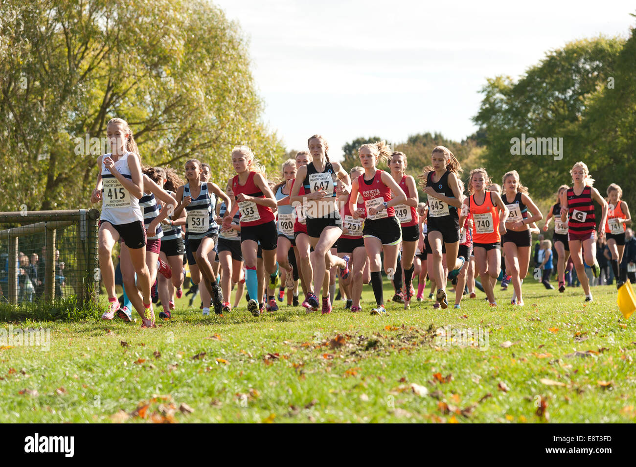 Langlauf, Kent Athletics Team Meisterschaften Veranstaltungen Beginn der Rennen Pack sprinten Läufer joggling für frühe Führung Stockfoto