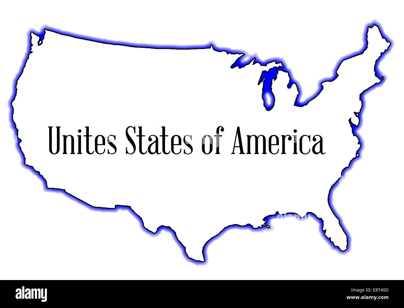 Der Umriß von den USA über einen weißen Hintergrund Stockfoto