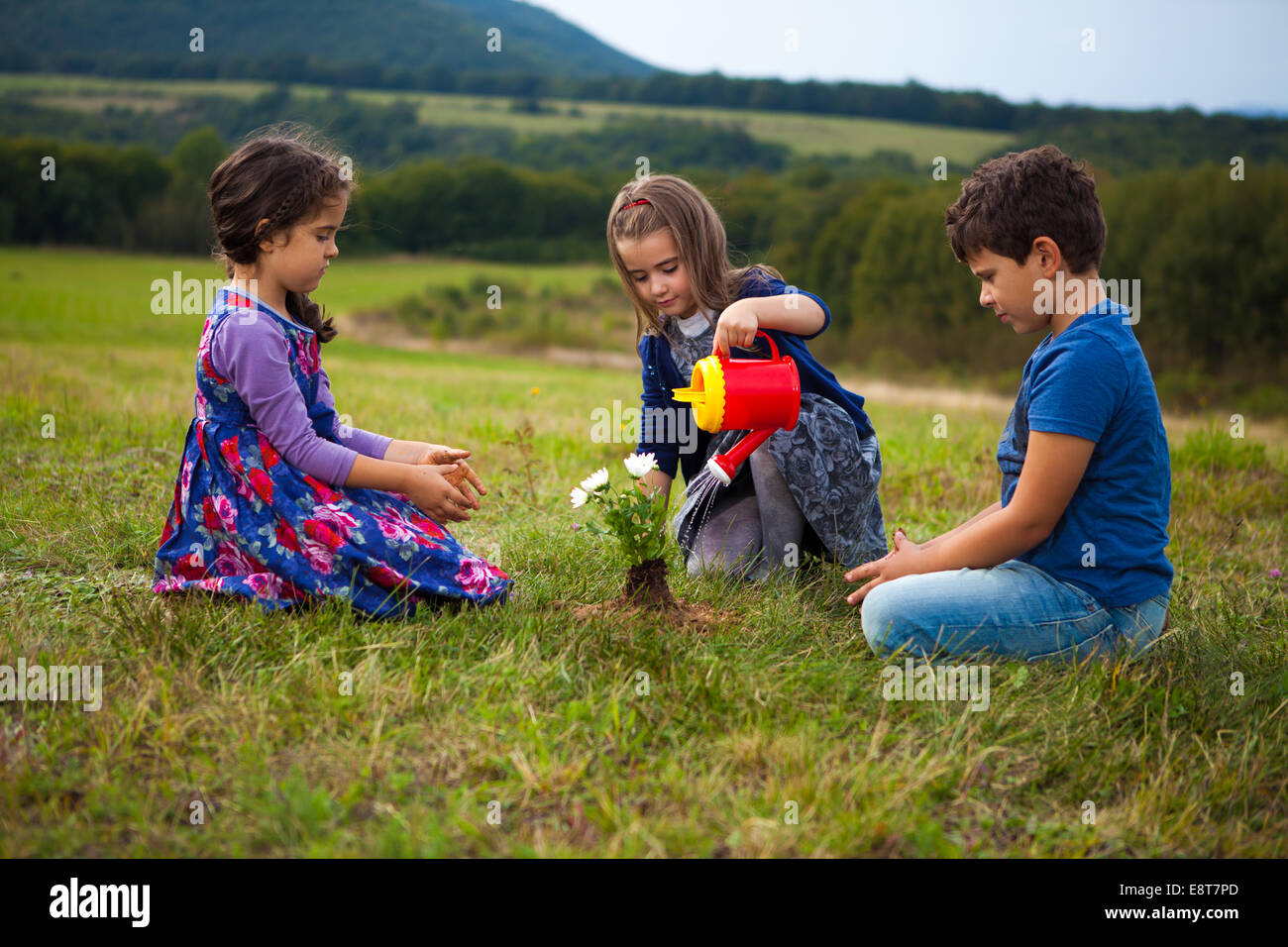 Kinder im Garten und Bewässerung von Pflanzen mit einer Spielzeug-Kunststoff-Gießkanne Stockfoto