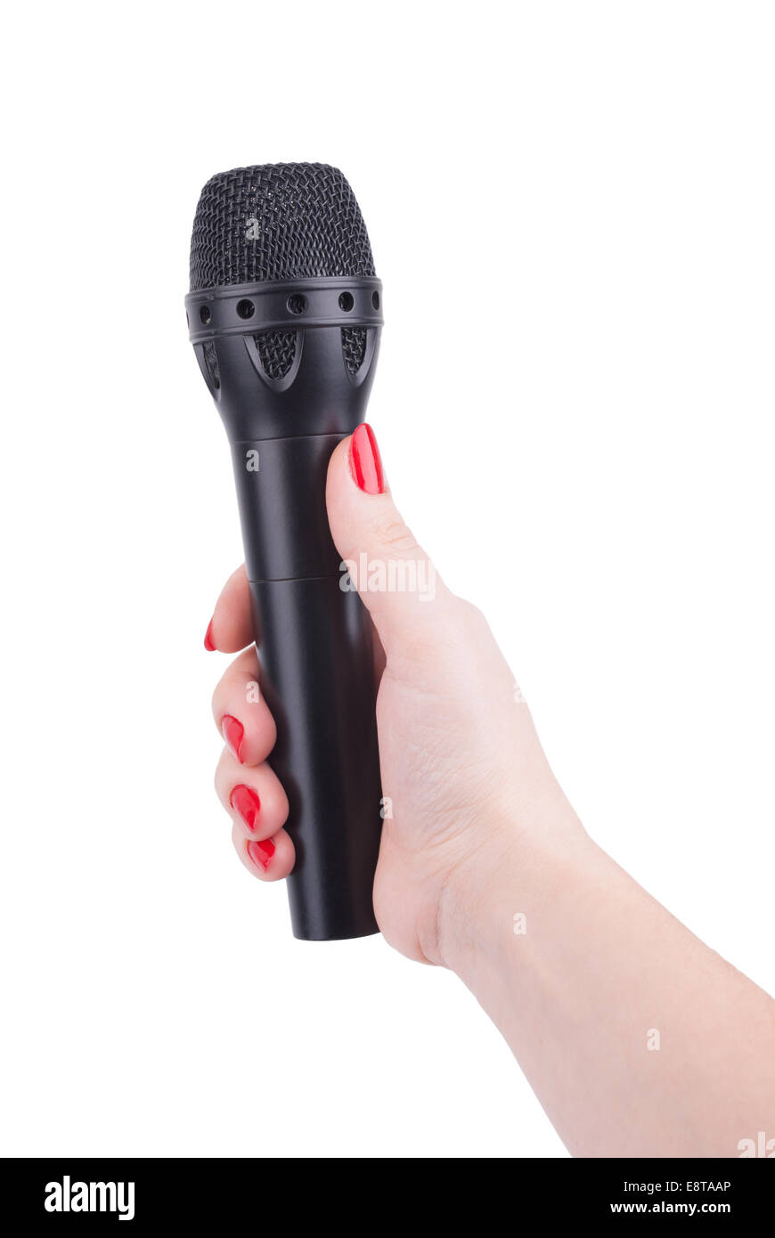 Weibliche Hand mit einem Mikrofon. Stockfoto