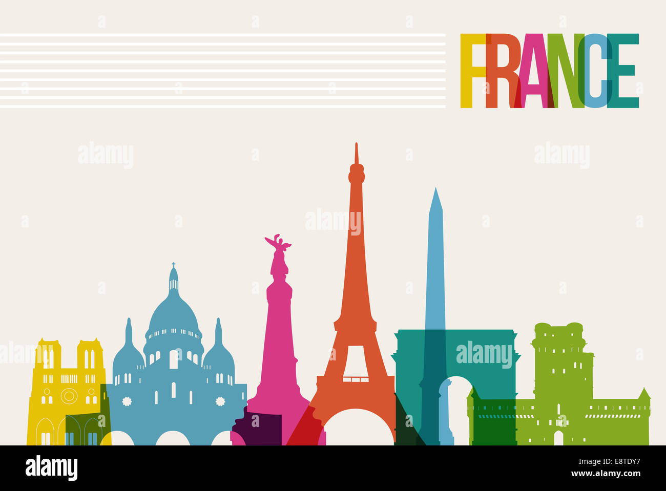 Reisen Frankreich Sehenswürdigkeiten Skyline bunten Hintergrund zu entwerfen. Transparenz-Vektor organisiert in Schichten für einfache erstellen y Stockfoto