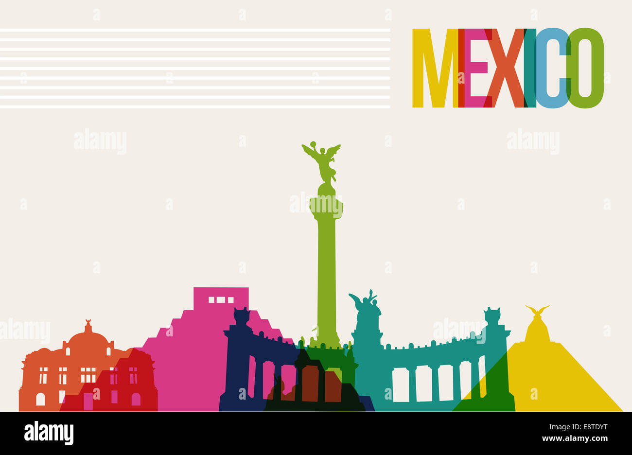Reisen Mexiko Sehenswürdigkeiten Skyline bunten Hintergrund zu entwerfen. Transparenz-Vektor organisiert in Schichten für einfache erstellen y Stockfoto