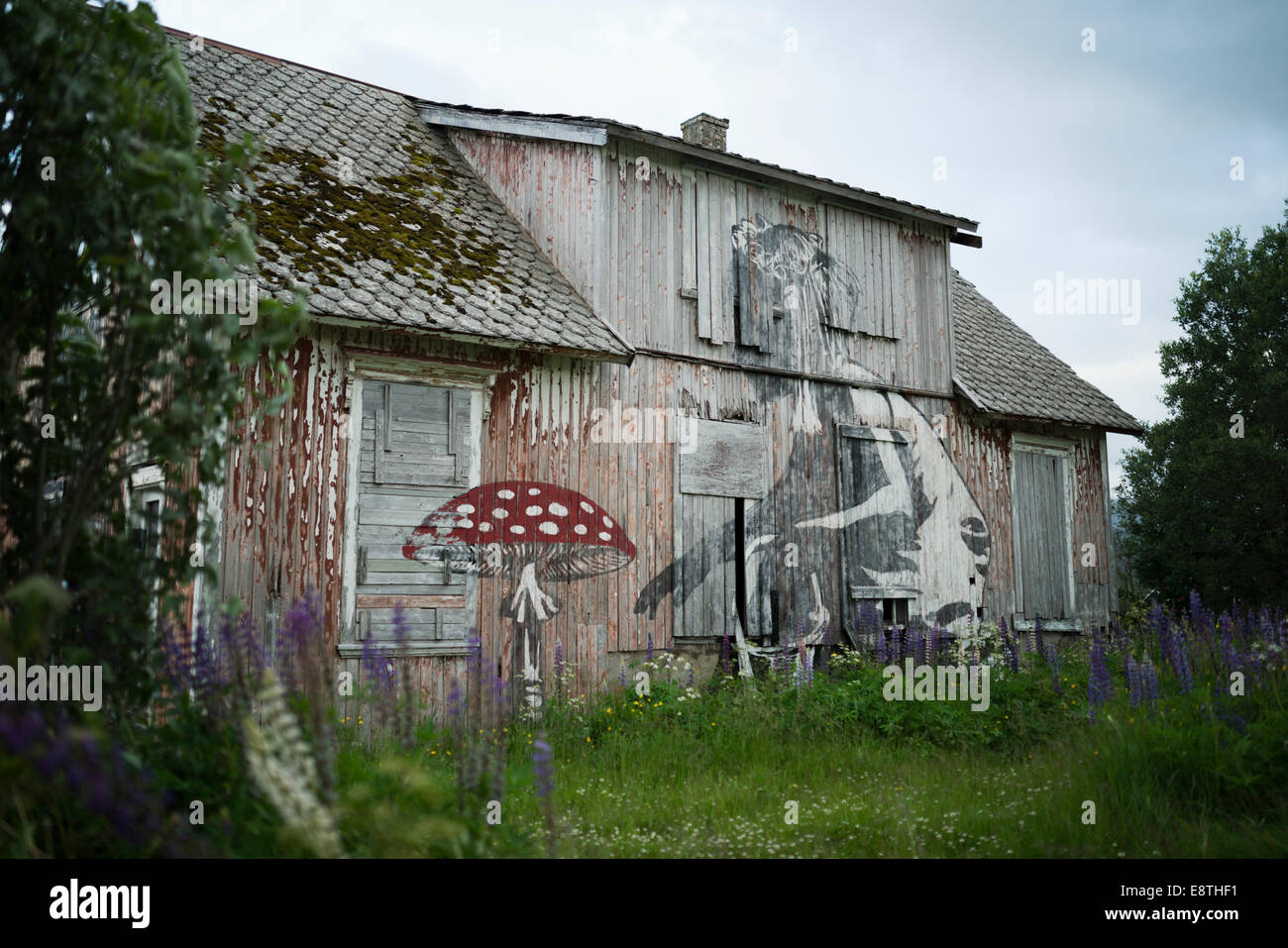 Streetart auf Lofoten von Graffiti-Künstlern Dolk und Pobel Stockfoto