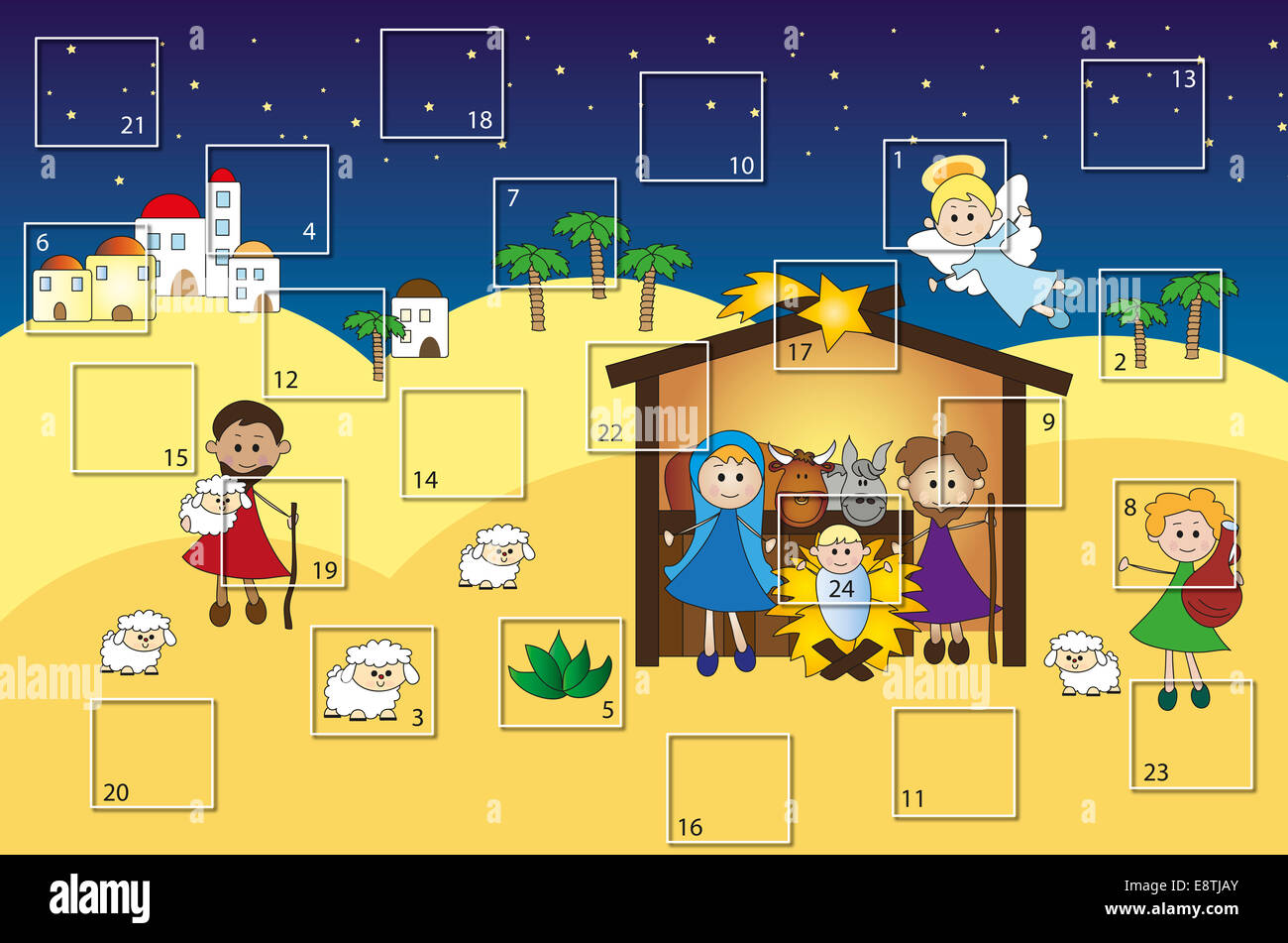 Illustration für Adventskalender mit Krippe Stockfoto