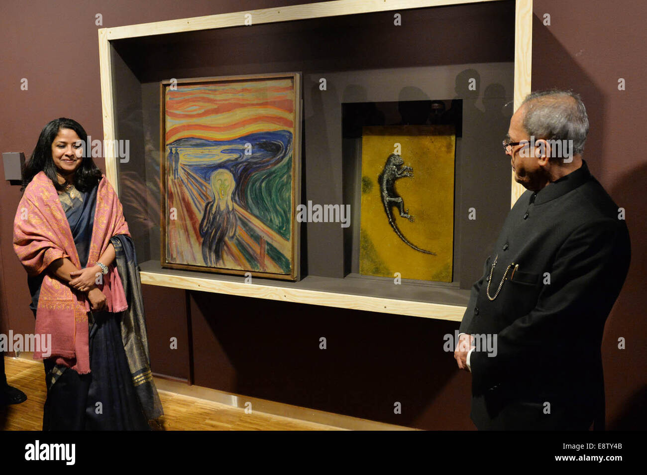 Der Präsident von Indien, Shri Pranab Mukherjee und Ms Sharmistha Mukherjee, Besuch Munch Museum gefolgt von einer Unterzeichnung der Vereinbarung zwischen dem Ministerium für Kultur, Govt von Indien und munch Museum in Oslo. Präsident Pranab Mukherjee ist das erste indische Staatsoberhaupt, Norwegen zu besuchen. © Bhaskar Mallick/Pacific Press/Alamy Live-Nachrichten Stockfoto