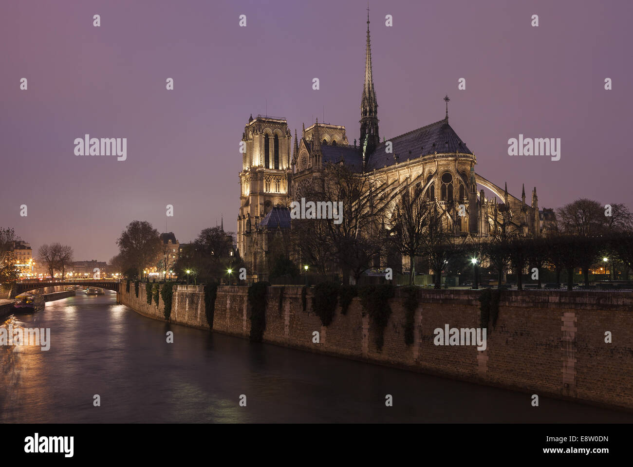 Blick auf die Kathedrale Notre Dame und der Seine nach Einbruch der Dunkelheit. Paris, Frankreich. Stockfoto