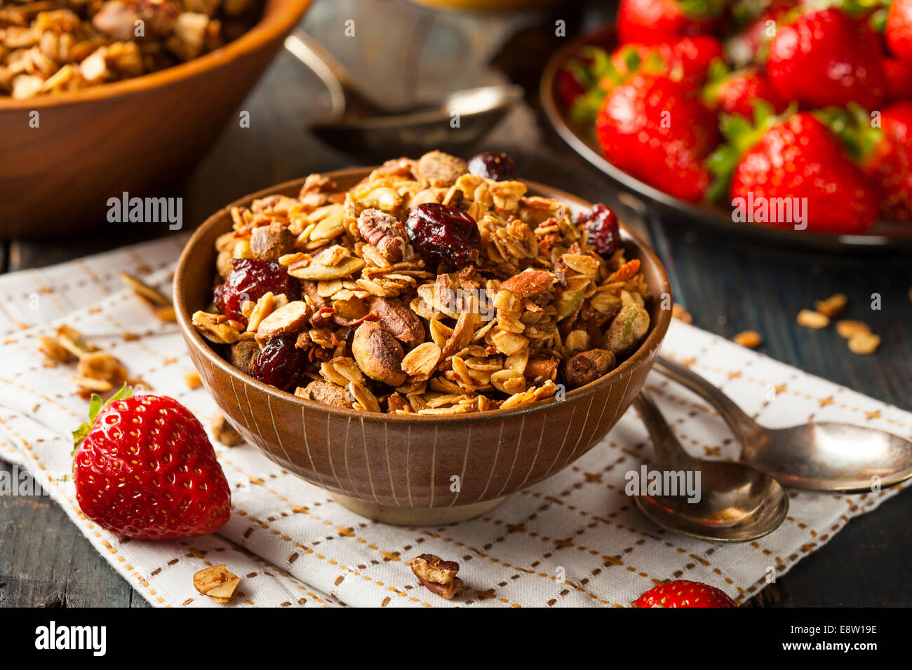 Gesunden hausgemachtem Müsli mit Nüssen und getrockneten Cranberries Stockfoto