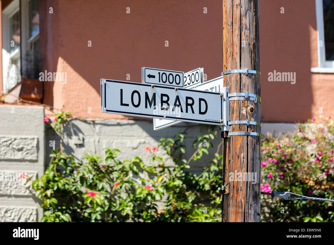 Lombard Street Zeichen, Russian Hill, San Francisco, Kalifornien Stockfoto