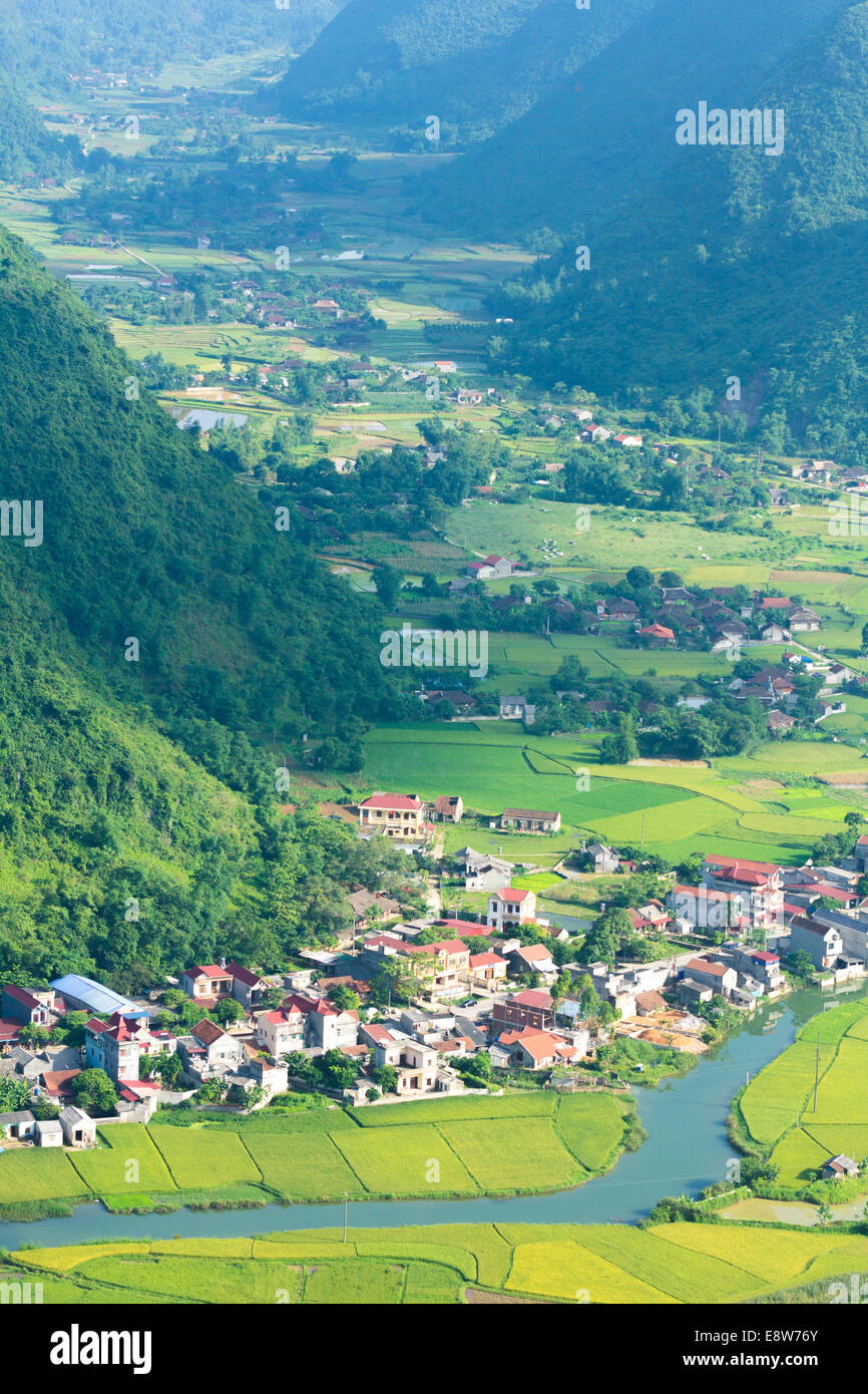 Dorf mit Reisfeld im Tal in Bac Sohn, Vietnam. Stockfoto