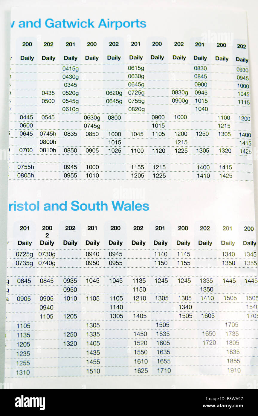 National express Bus Fahrplan zwischen South Wales und Gatwick Airport Stockfoto
