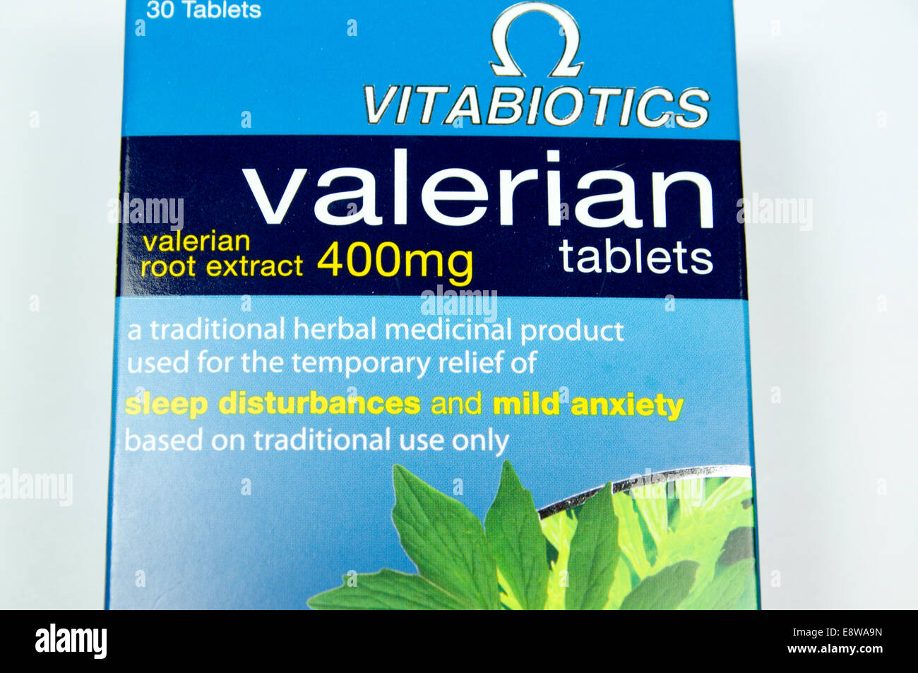Packung mit Baldrian Tabletten. Stockfoto