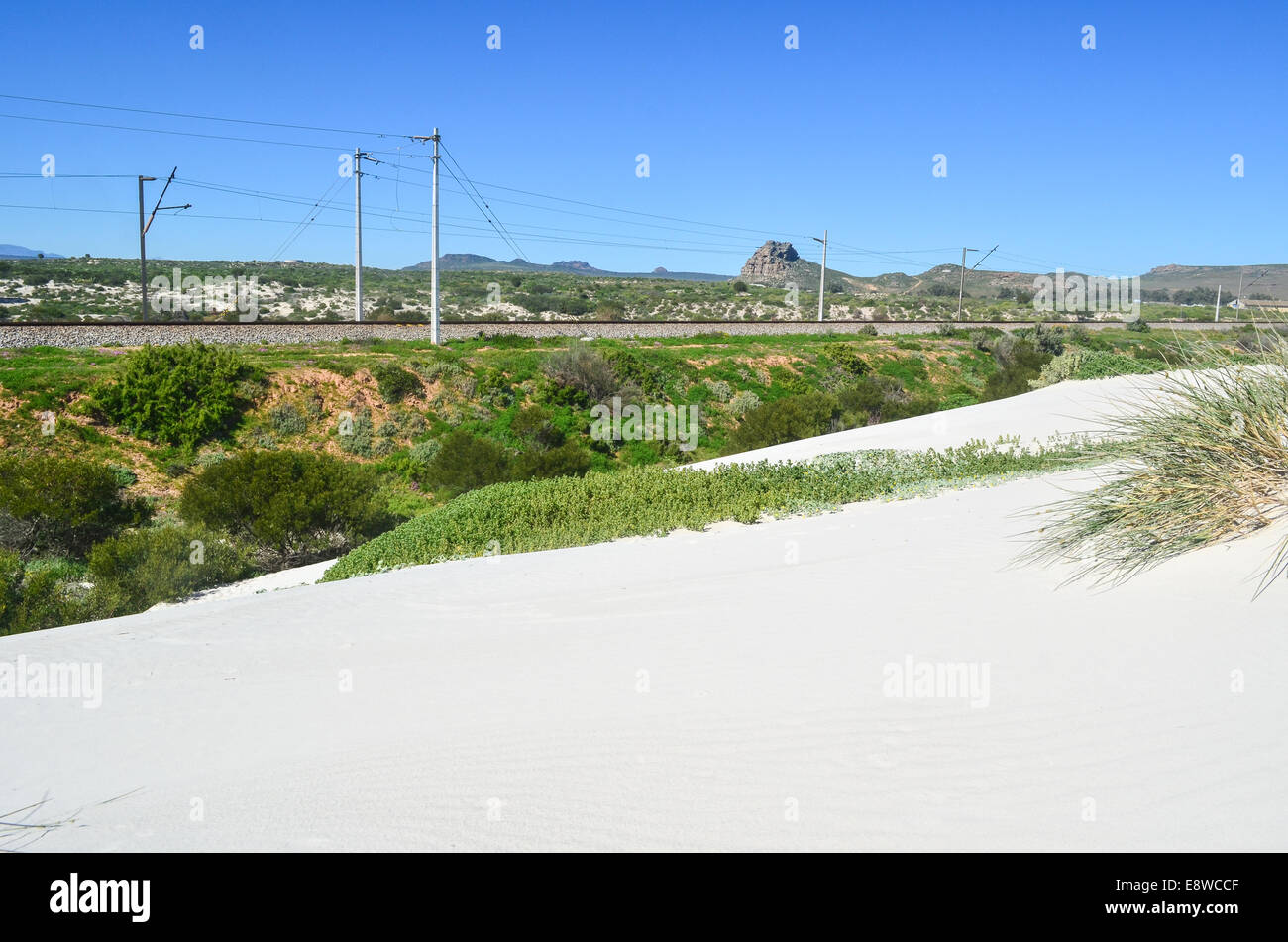 Weißen Sanddünen von Südafrika (Western Cape, Eland es Bay) und Sishen-Saldanha Eisen Erz Eisenbahn im Hintergrund Stockfoto