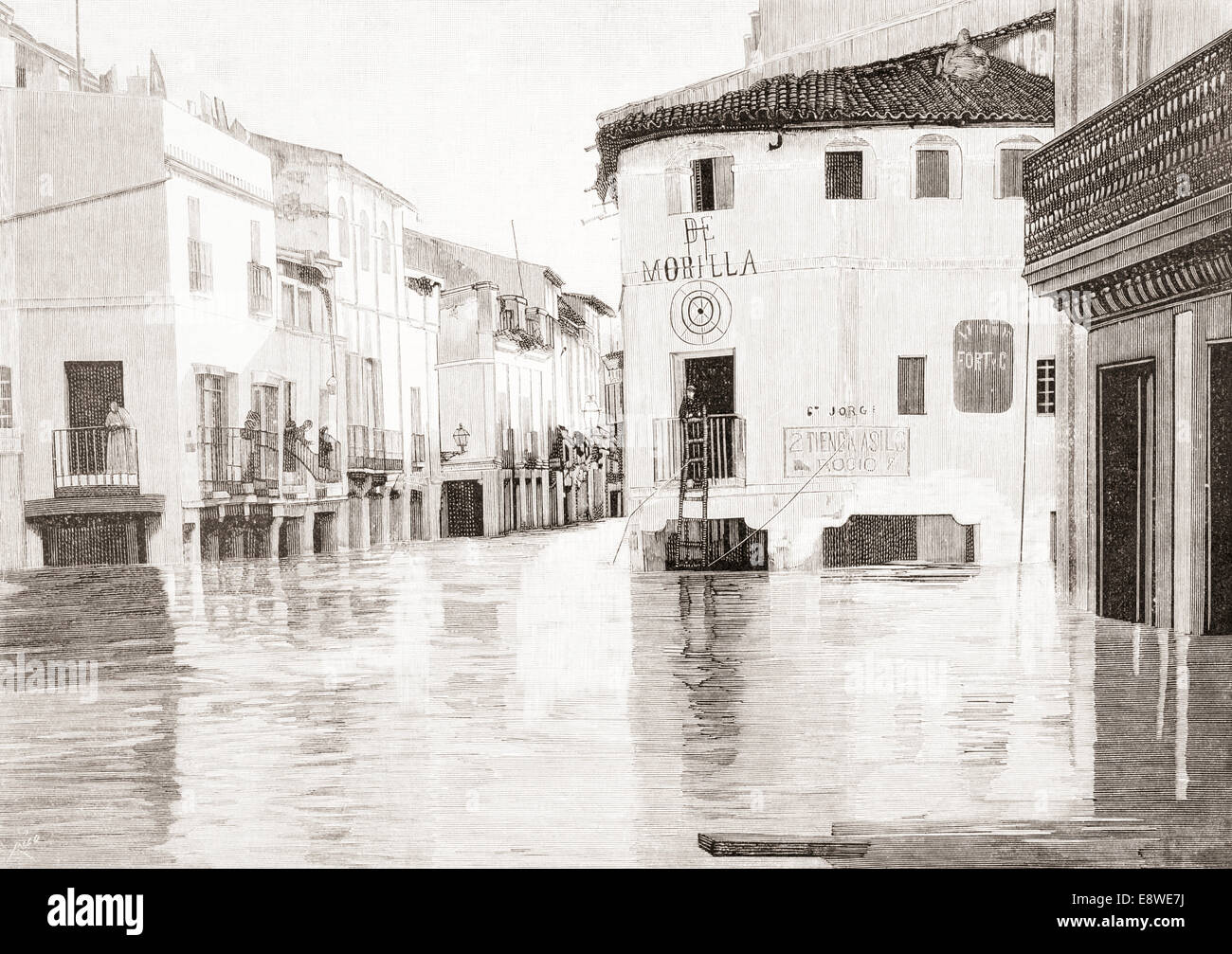Sevilla, Spanien. Stadtteil Triana, Calle de San Jorge und San Jacinto, unter Wasser während der schrecklichen Flutkatastrophe vom März 1892. Stockfoto