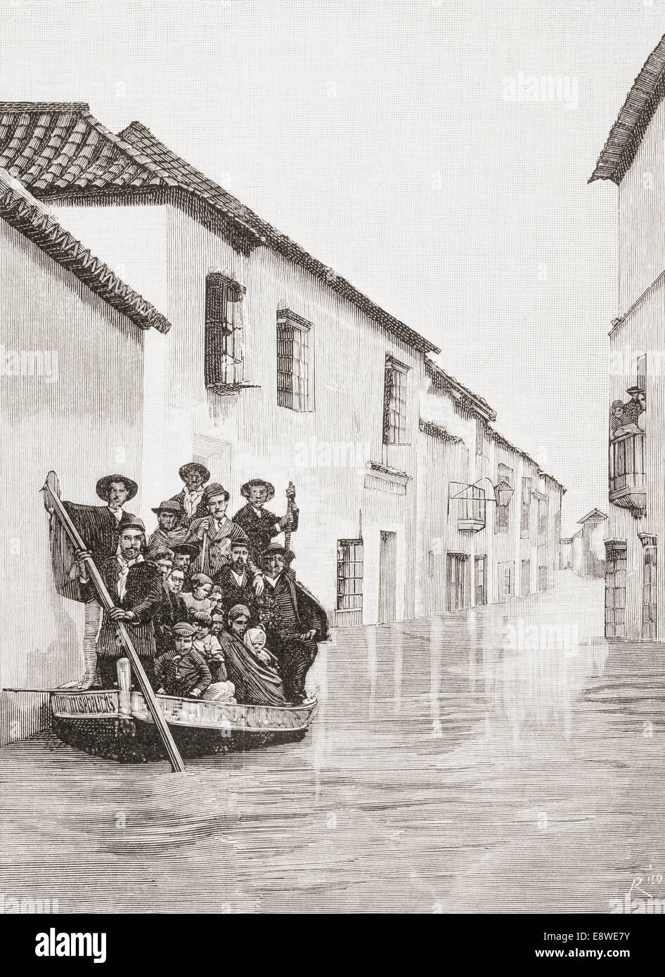 Sevilla, Spanien. Der Bürgermeister und seine Mitarbeiter spart eine Familie in der Calle Puente unter Wasser während der schrecklichen Flutkatastrophe von 1892. Stockfoto