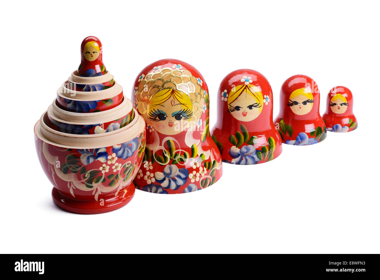 Linie von fünf russischen Puppen eröffnet Stockfoto