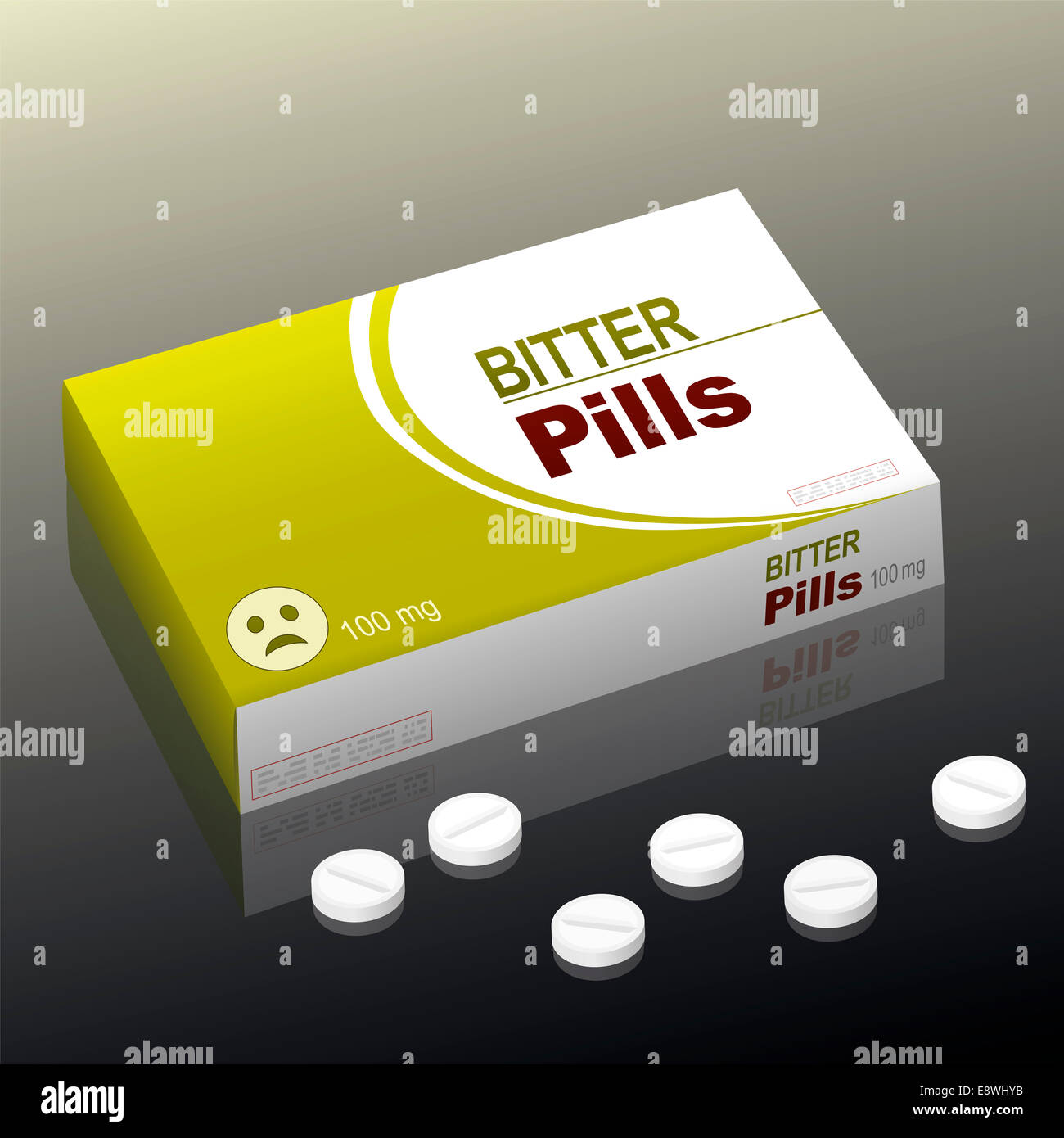 Tabletten, bittere Pillen mit einem traurigen Smiley als Markenlogo auf der Karton Verpackung genannt. Stockfoto