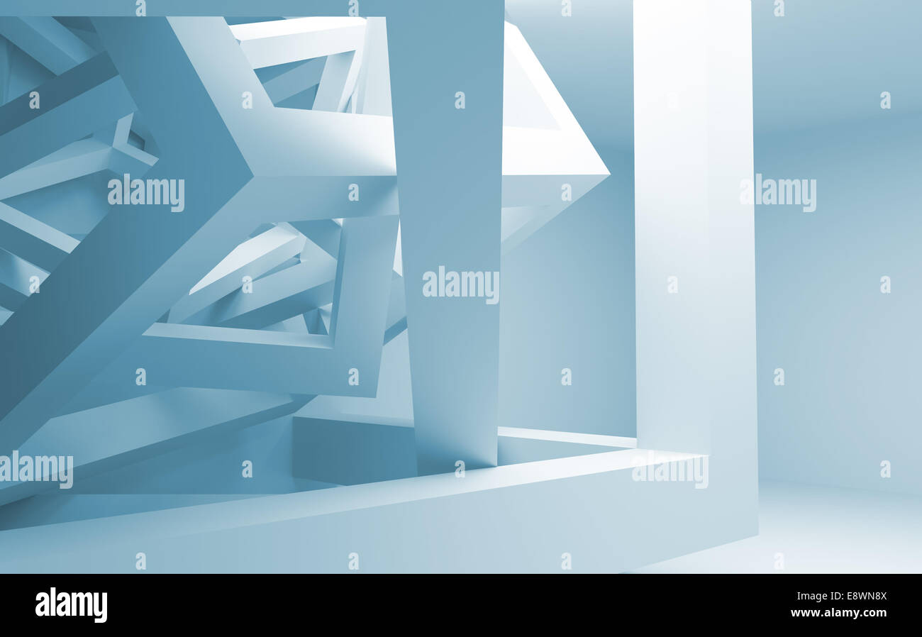 Blaue und weiße abstrakt 3d Interieur mit chaotischen Bau von cubes Stockfoto