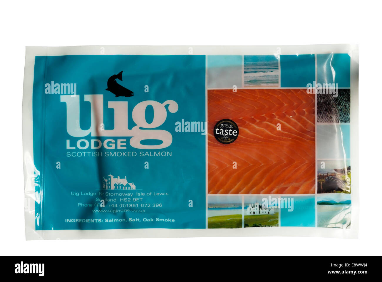 Ein Paket von Uig Lodge Schottischer Räucherlachs aus der Isle of Lewis auf den äußeren Hebriden. Stockfoto
