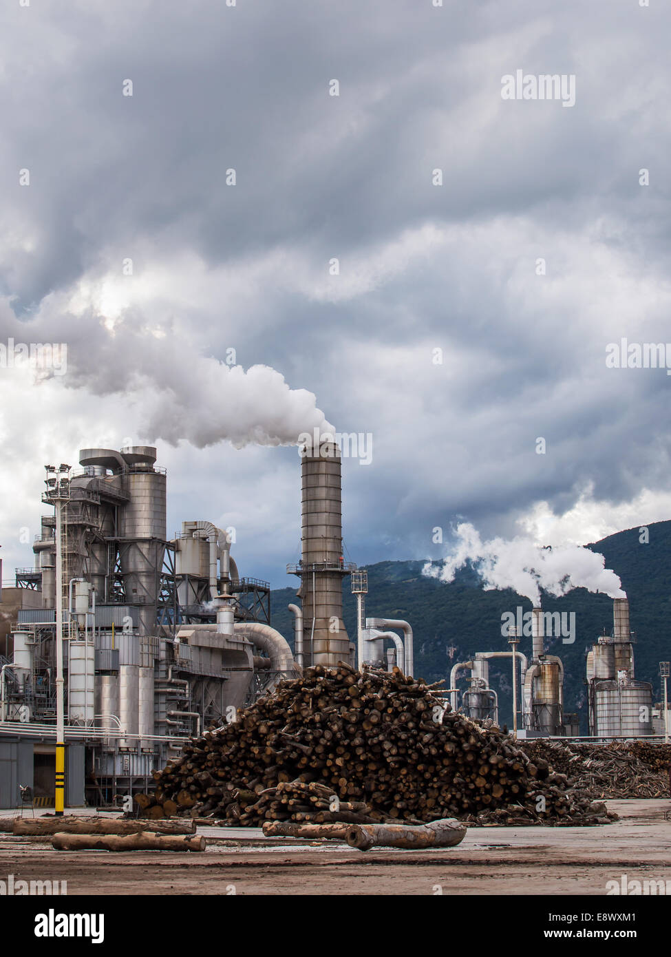 Industrieanlage einer Möbelfabrik mit rauchenden Schornsteinen auf stürmischen Himmel Stockfoto