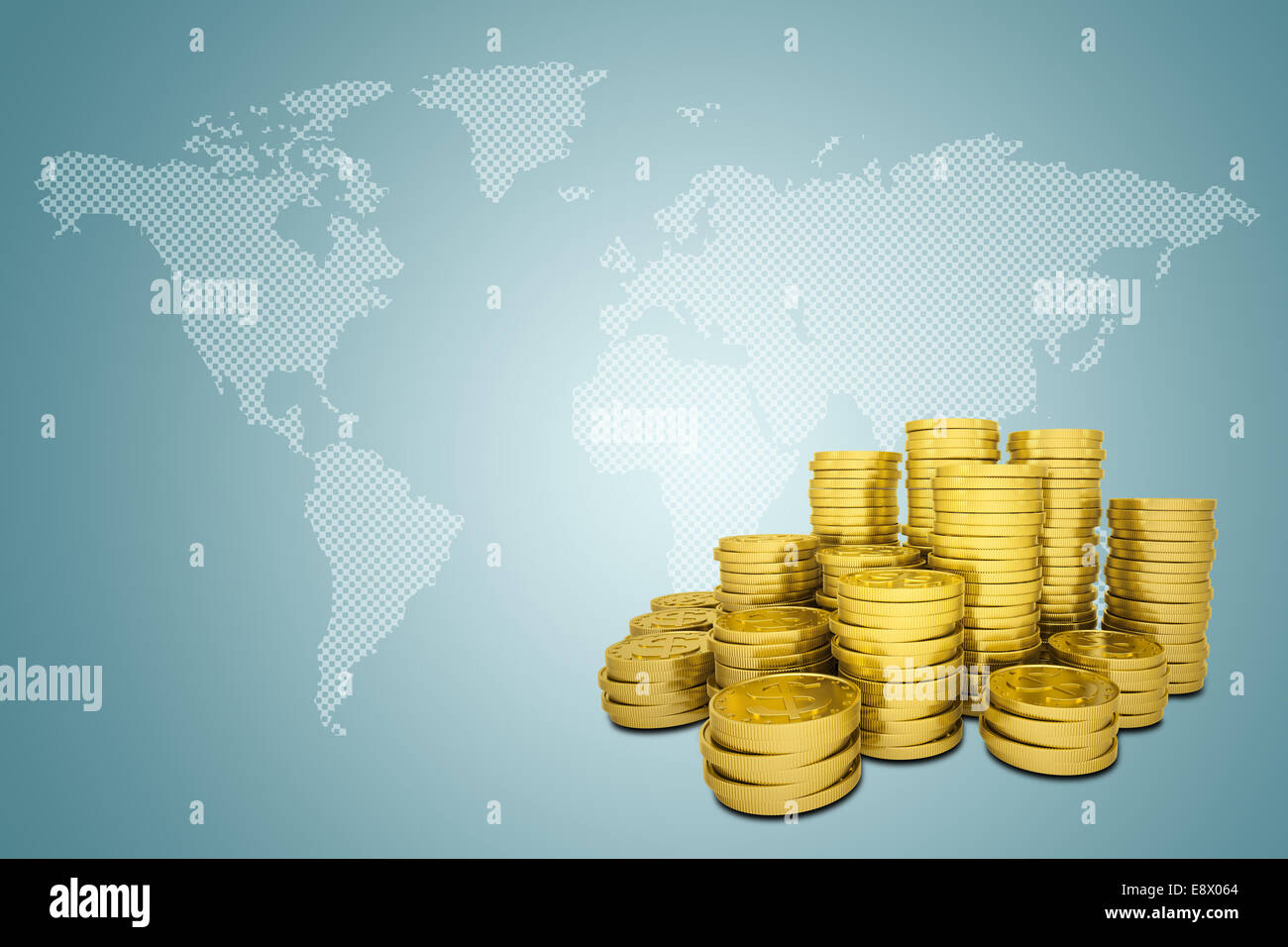 Stapel von gold Dollar und Weltkarte Stockfoto