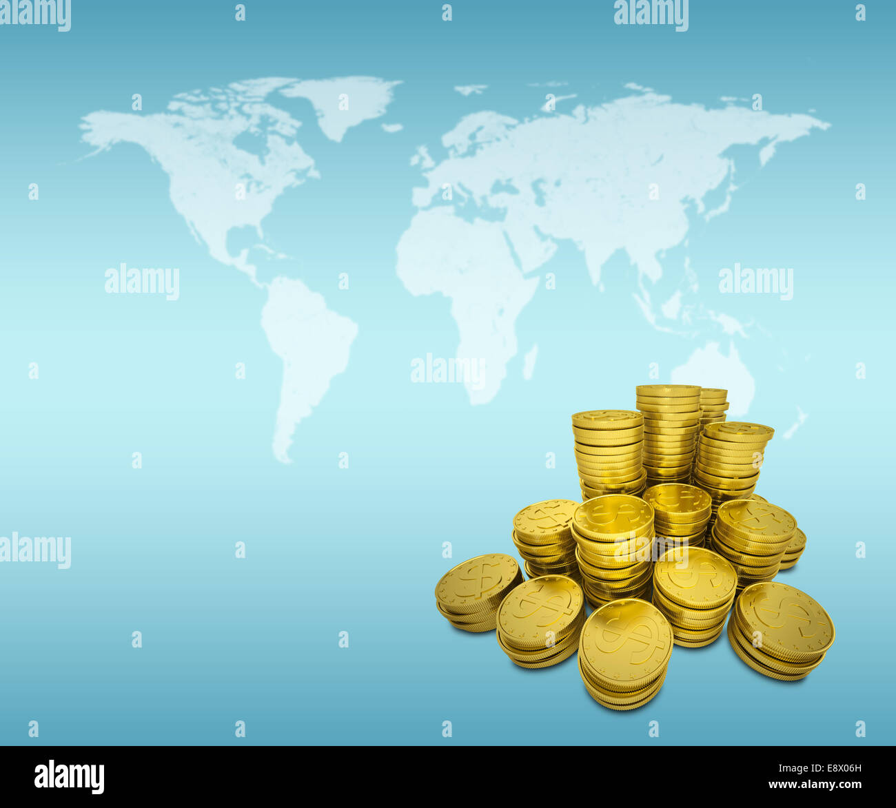 Stapel von gold Dollar und Weltkarte Stockfoto