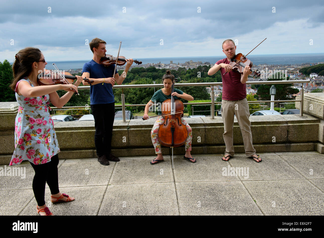 Das Solem Streichquartett String Quartet Durchführung eine spontane Konzert im freien außerhalb der National Library of Wales während ihrer Facharztausbildung an Aberystwyth MusicFest 2014 Stockfoto