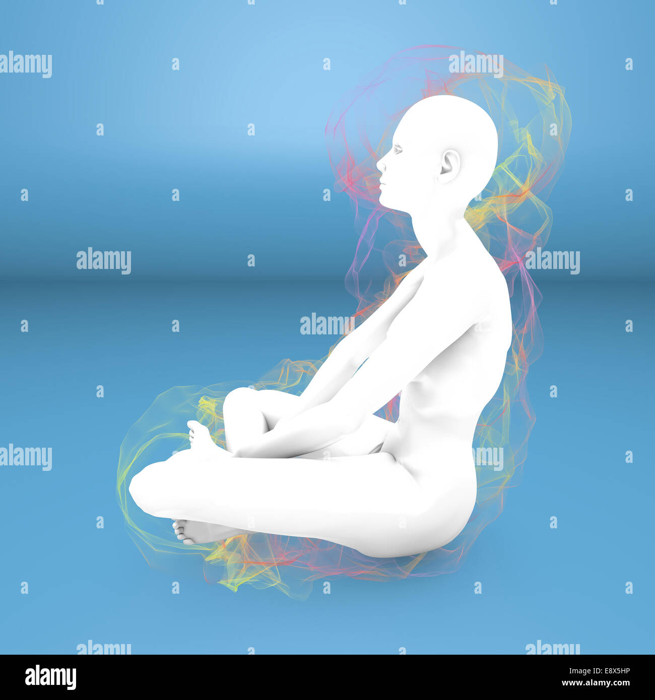 3D Frau Yoga Meditation Konzentration Aura auf blauem Hintergrund Stockfoto