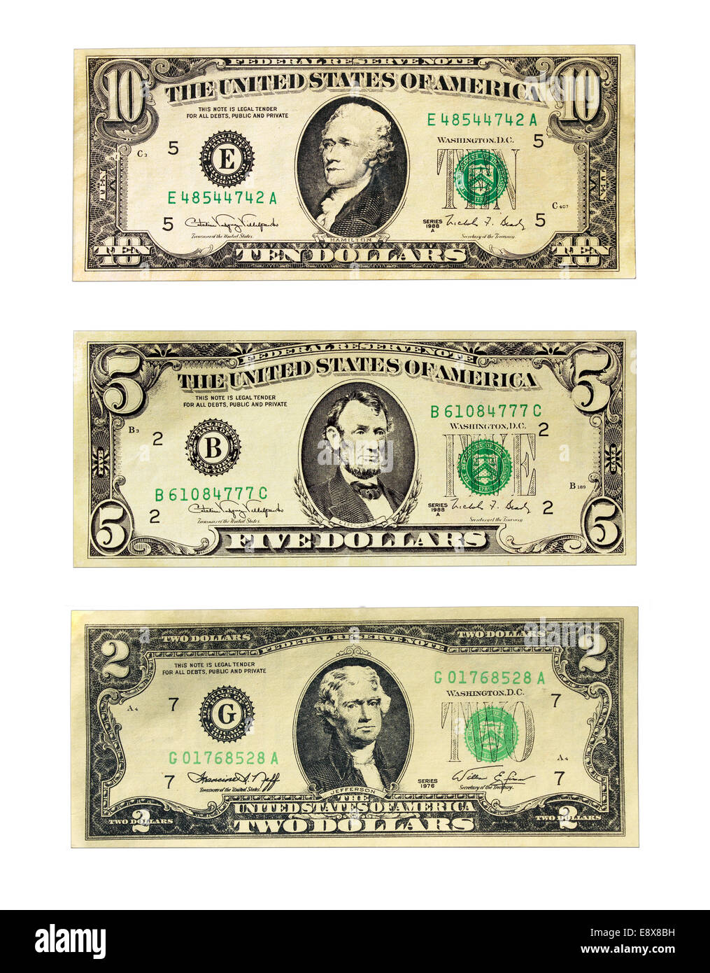 Banknoten aus der US-Dollar Gesicht Wert 2, 5 und 10 Dollar isoliert auf weißem Hintergrund Stockfoto