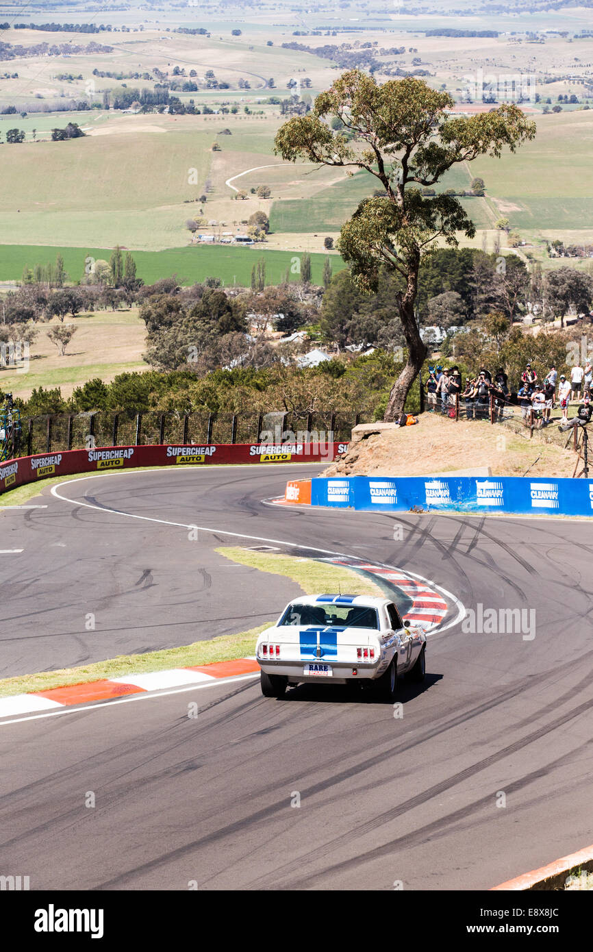 Ein Ford Mustang im Wettbewerb mit auf der Welten Oldtimer-Rennen - das Bathurst 1000 in Australien Stockfoto
