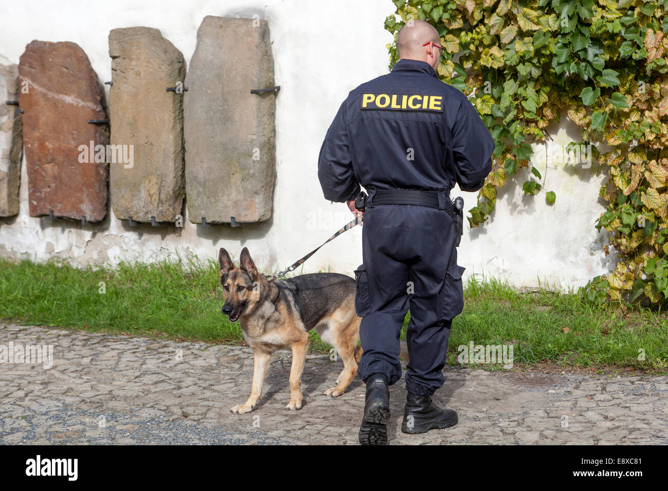 Polizei mit Hund, ein deutscher Schäferhund sucht nach Sprengstoffen, Kontrollgegenständen, tschechische Polizei Stockfoto