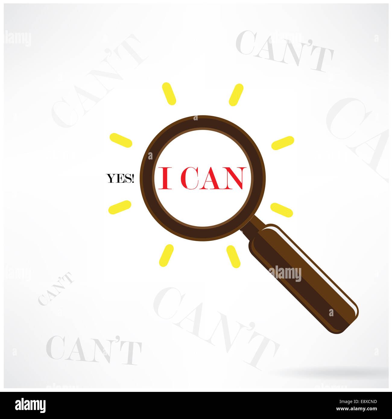 Eine Lupe findet das Wort kann ich viele Instanzen kann nicht als Symbol für eine eindeutig positive Einstellung und Belastbarkeit Stockfoto