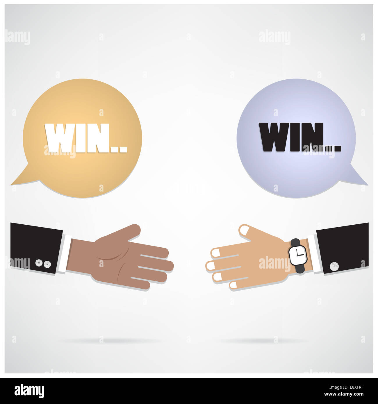 Geschäftsmann Hände mit Sprechblase. Handschlag oder Partnerschaft Konzept. Win-Win-Hintergrund. Geschäftsidee zu treffen. Stockfoto