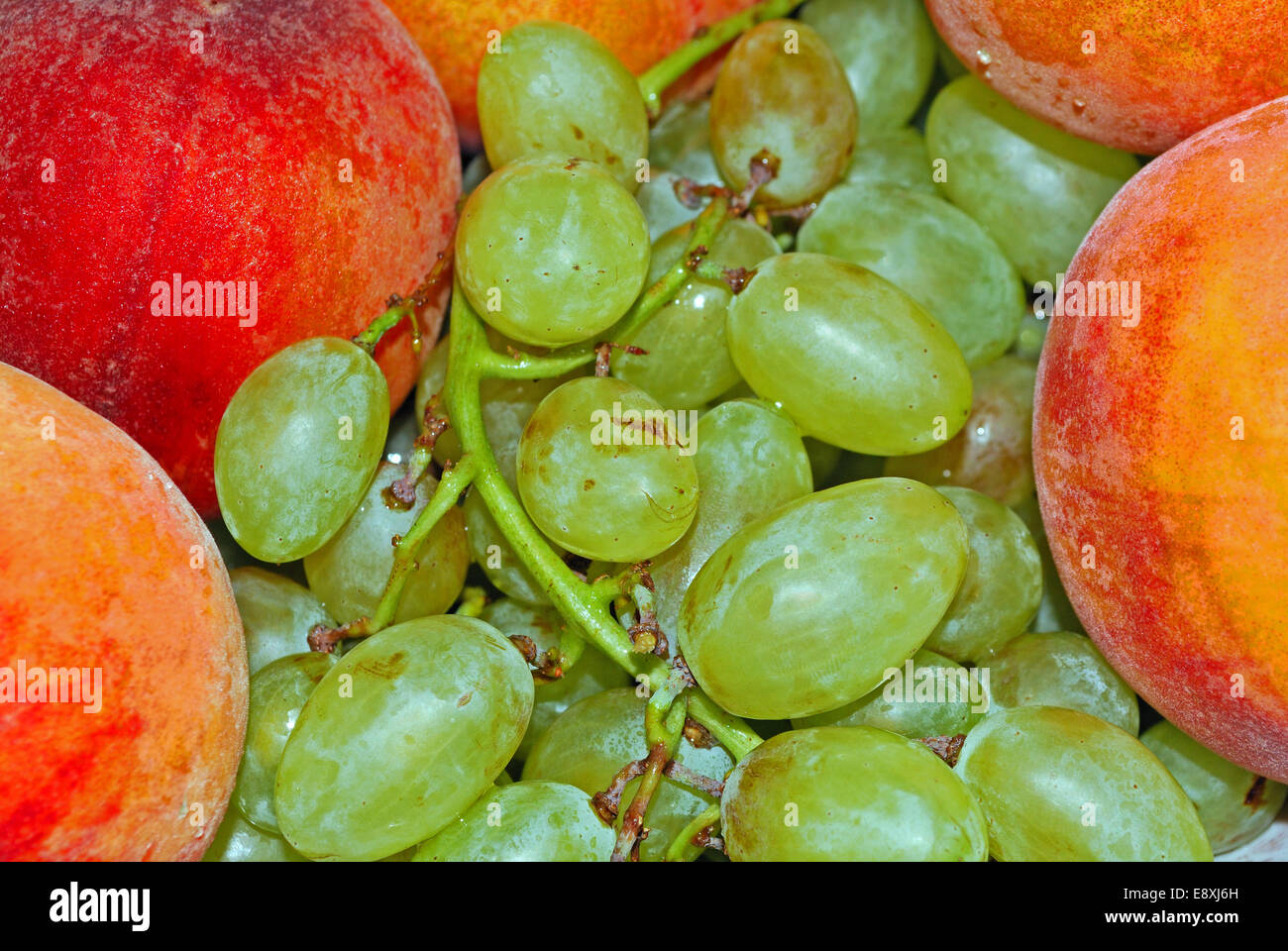 appetitlich jede Menge Trauben und Pfirsich Stockfoto