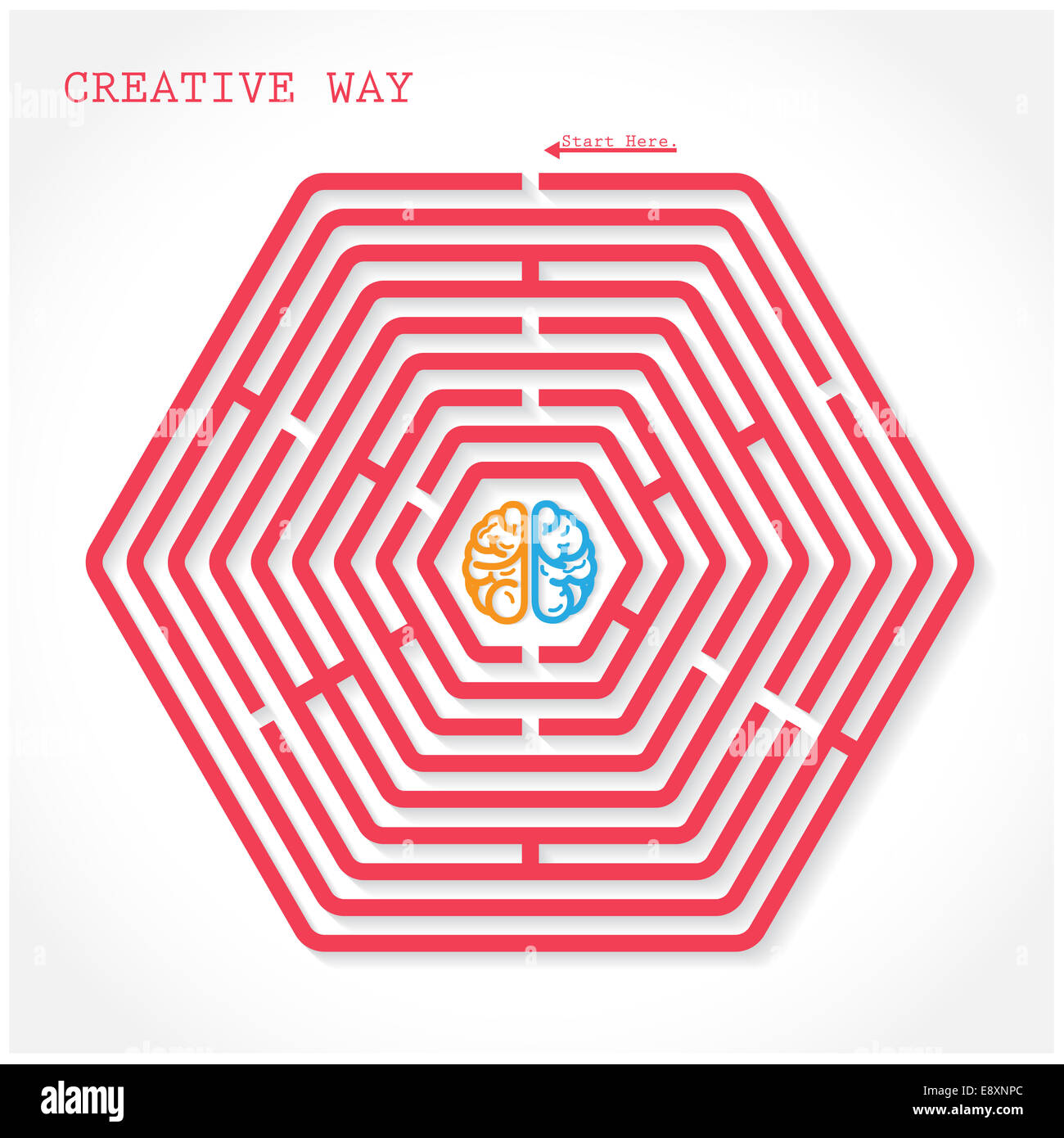 Kreative Sechseck Labyrinth Weg Konzept. Kreative Gehirnhälfte Symbol in der Mitte sechseckigen Labyrinth, Bildung Zeichen, Geschäftsideen. Stockfoto