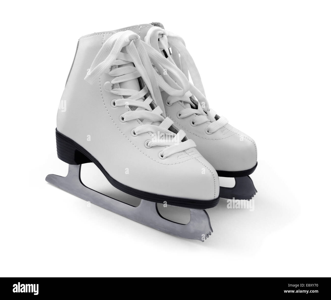 Weiße Eiskunstlauf-Schlittschuhe Stockfoto