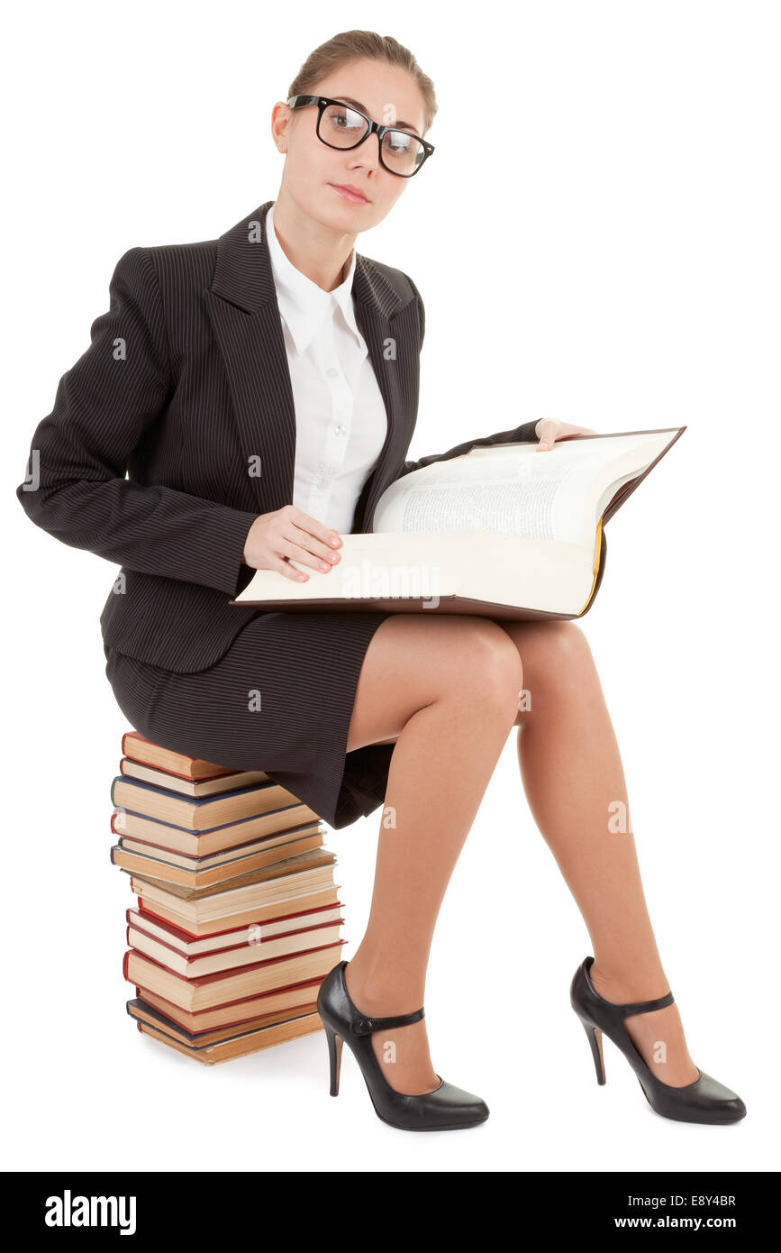 Frau und einen Stapel Bücher Stockfoto