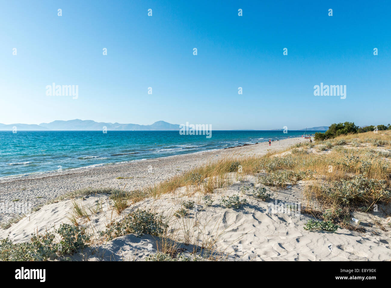 Leeren Strand, Dünen und Meer, Panoramablick, Mastichari, Kos, Griechenland Stockfoto