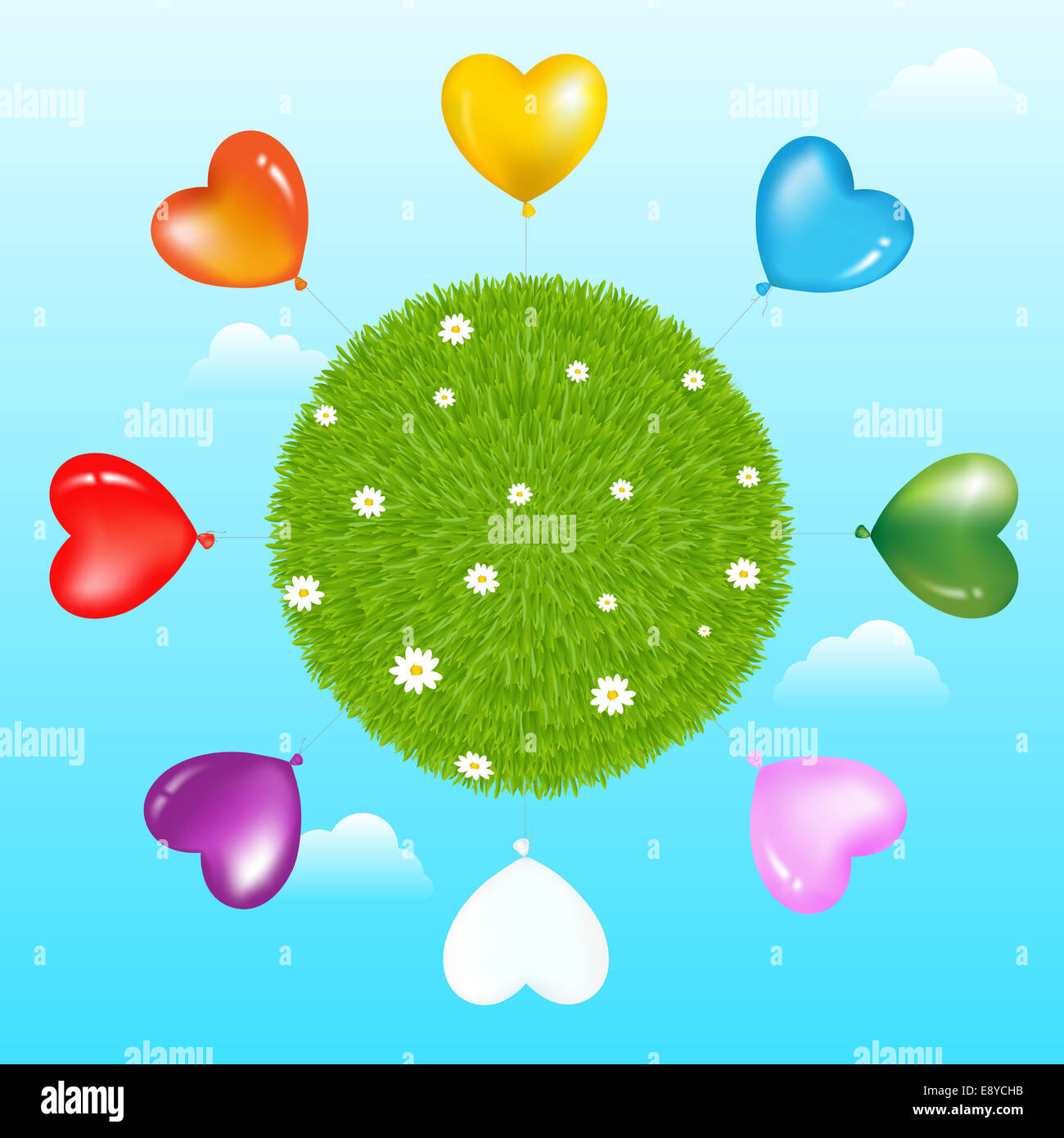 Ballons rund um Rasen Ball mit Blumen Stockfoto