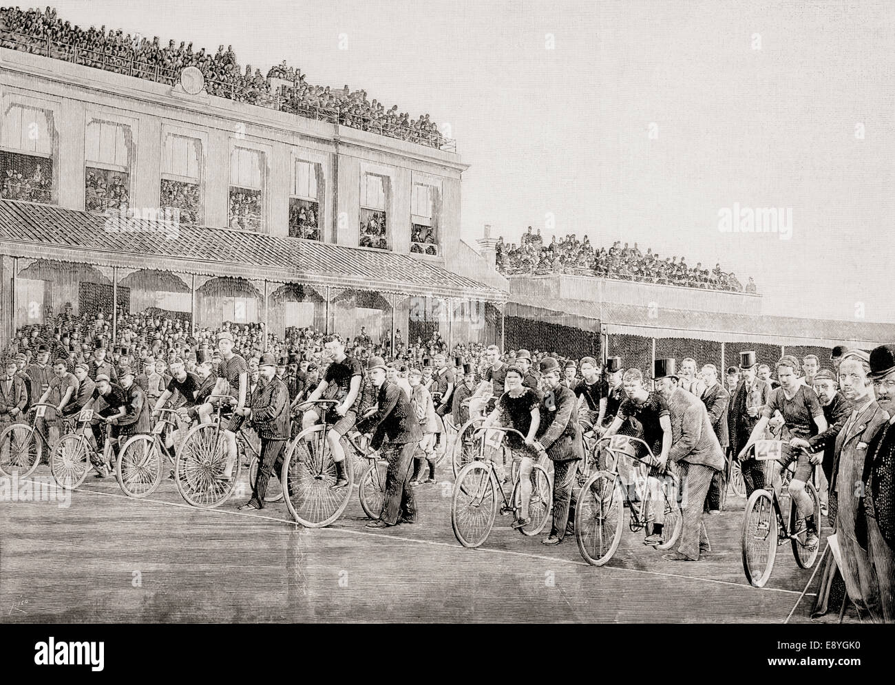 Kennington Oval, London, England.  Teilnehmer in einem zehn-Meilen-Rennen an der Startlinie c.1892 warten. Stockfoto