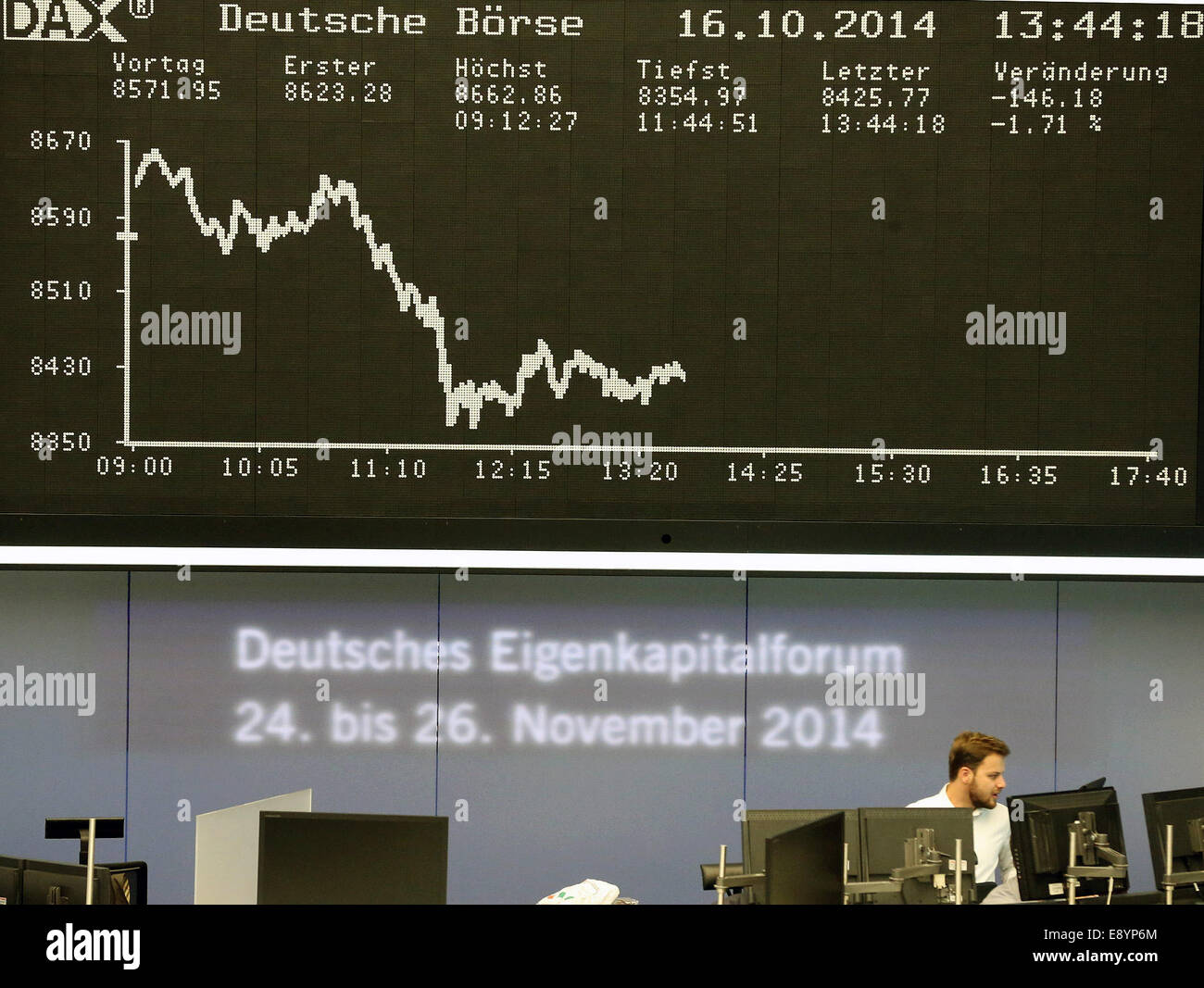 Frankfurt. 16. Oktober 2014. Ein Aktienhändler arbeitet an der Frankfurter Wertpapierbörse am 16. Oktober 2014. Deutscher Leitindex DAX an der Frankfurter Wertpapierbörse am Mittwoch um 2,87 Prozent zurückgegangen und schloss bei 8.571,95 Punkten, die unterste Ebene in einem Jahr erreichen. © Luo Huanhuan/Xinhua/Alamy Live-Nachrichten Stockfoto