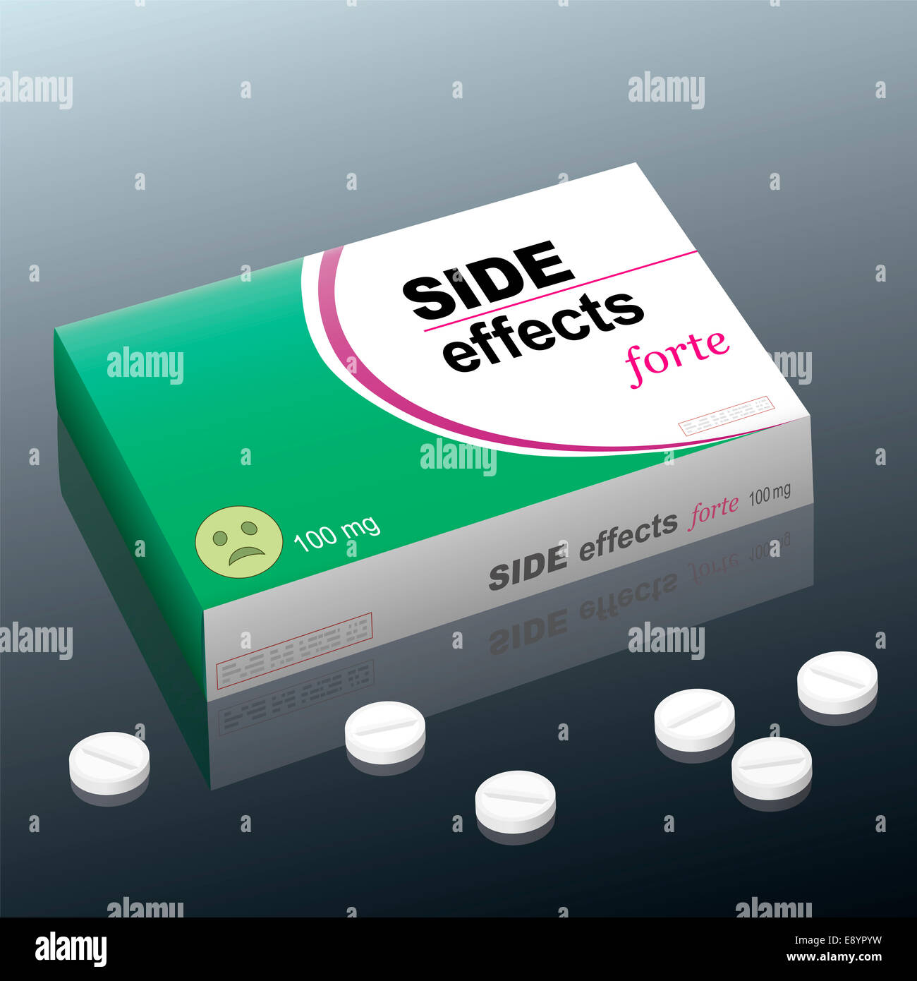Tabletten Nebenwirkungen Forte mit einem benommenen Smiley als Markenlogo auf der Kartonverpackung benannt. Stockfoto